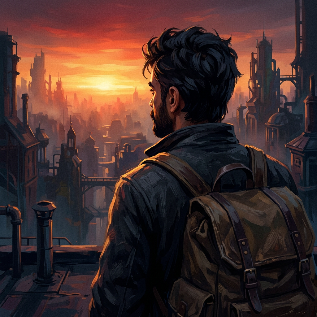 Adi with a backpack looking toward a cinematic city