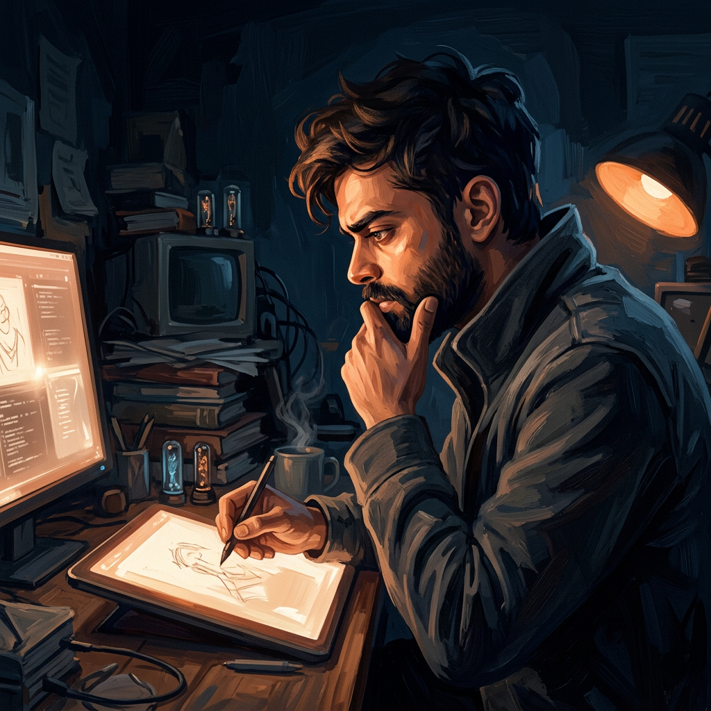 Adi working at his desk at night
